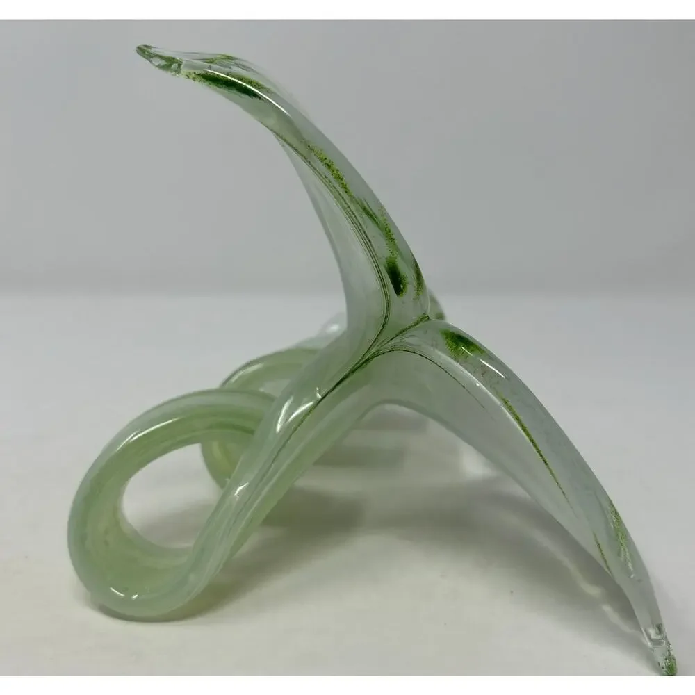 Hand Blown Glass Green Sparkled Three Petal Flower with Curled Stem